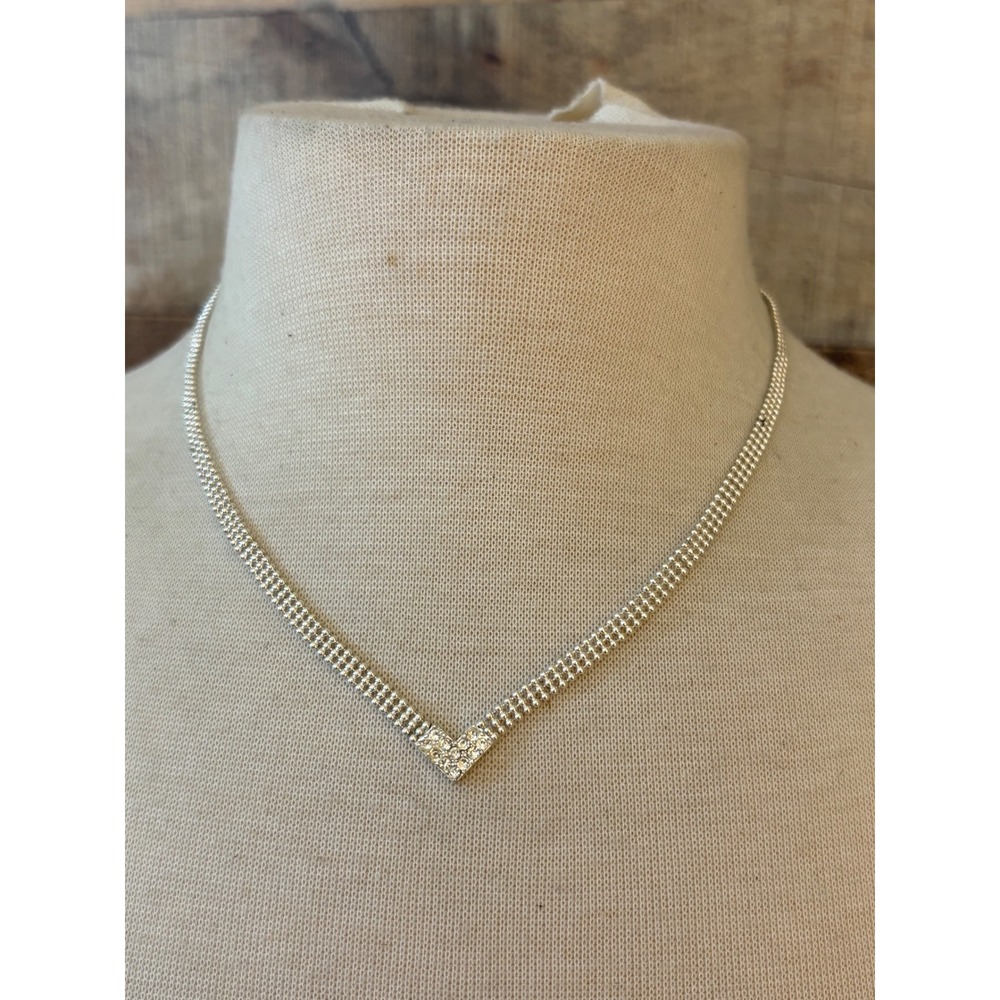 Silver Tone Triple Row Beaded Chevron Rhinestone V Collar Necklace